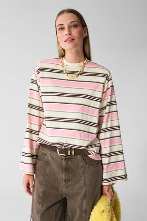 gestreepte longsleeve met studs - roze/ecru/bruin