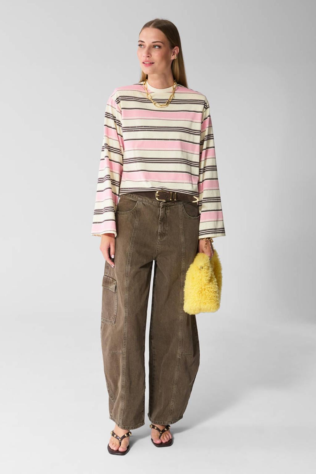 Roze, ecru en bruine dames Shoeby gestreepte longsleeve van katoen met lange mouwen, ronde hals en studs