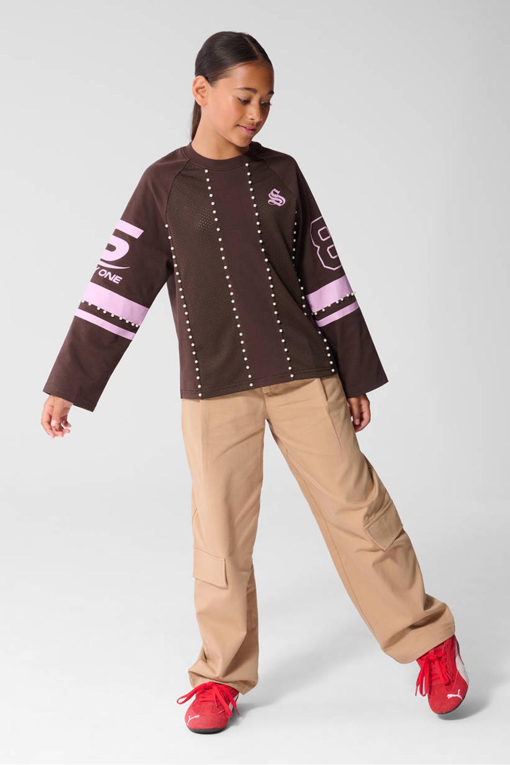 Shoeby gestreepte longsleeve met parels en tekst - donkerbruin/roze