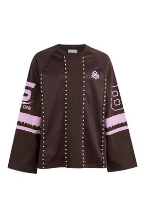 gestreepte longsleeve met parels en tekst - donkerbruin/roze