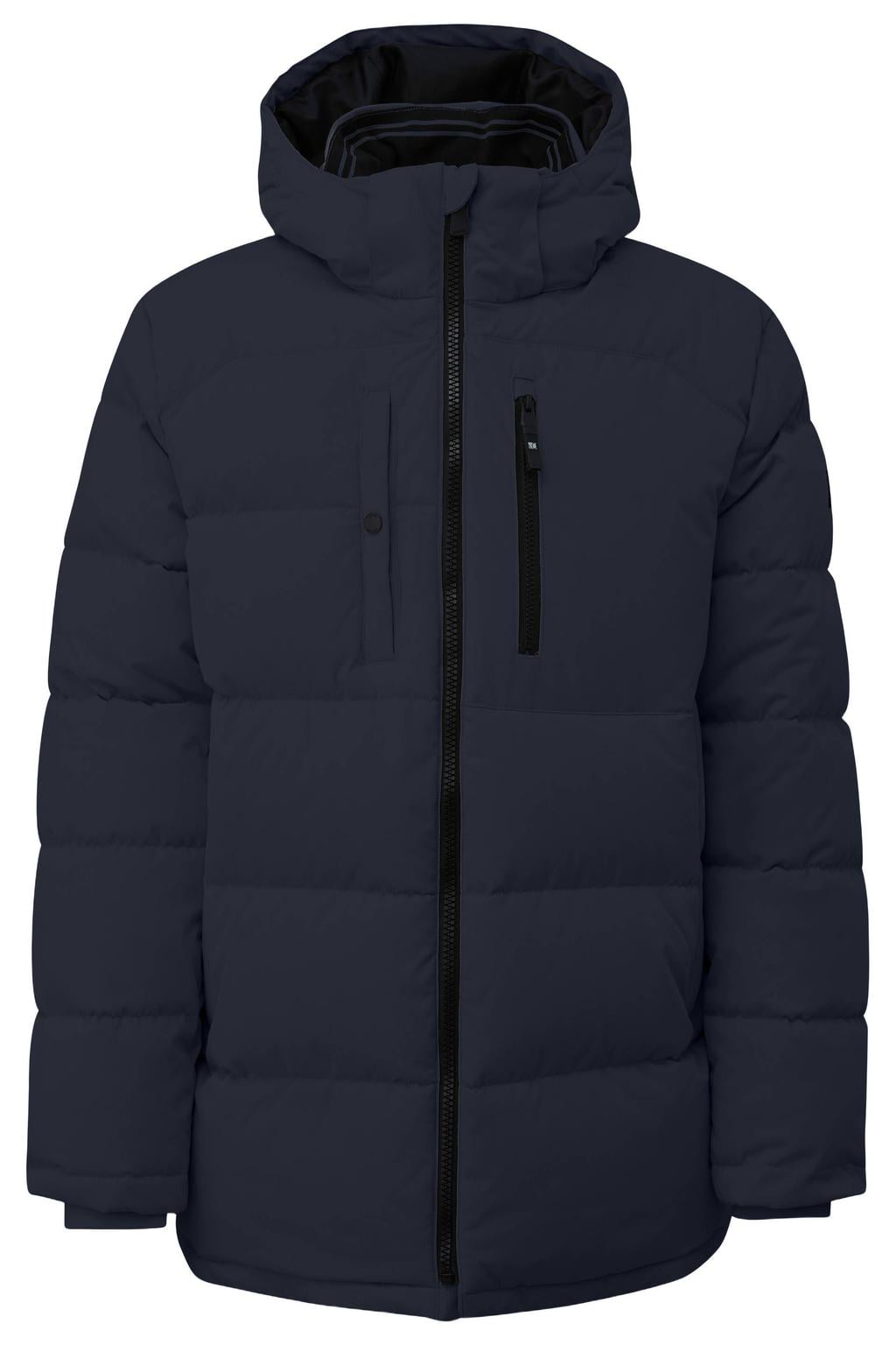 Donkerblauwe heren s.Oliver winterjas zwart van polyester met effen, lange mouwen, capuchon, ritssluiting en doorgestikte details