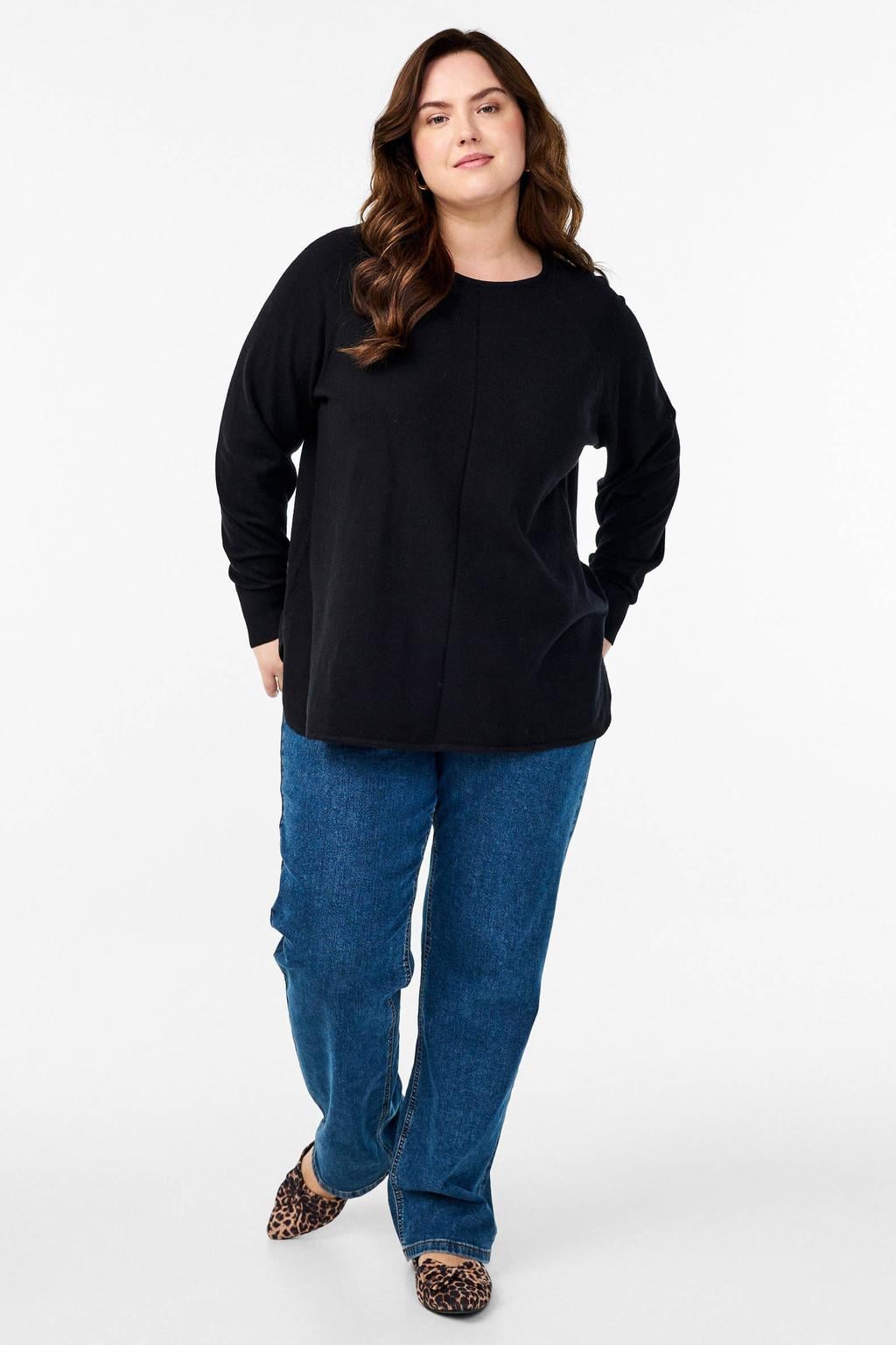 Zwarte dames Zizzi Plus Size gebreide trui van viscose met effen en lange mouwen
