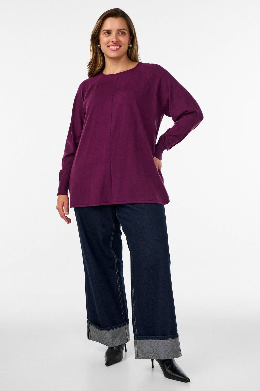 Donkerrode dames Zizzi Plus Size gebreide pullover van viscose met effen en lange mouwen