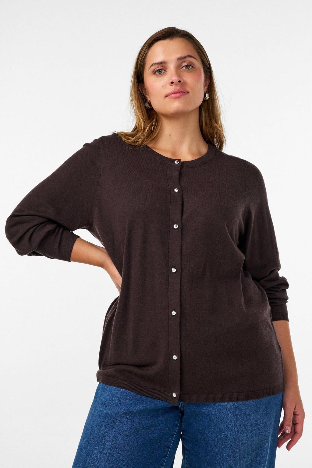 Donkerblauwe dames Zizzi Plus Size katoenen gebreid vest met lange mouwen en knoopsluiting
