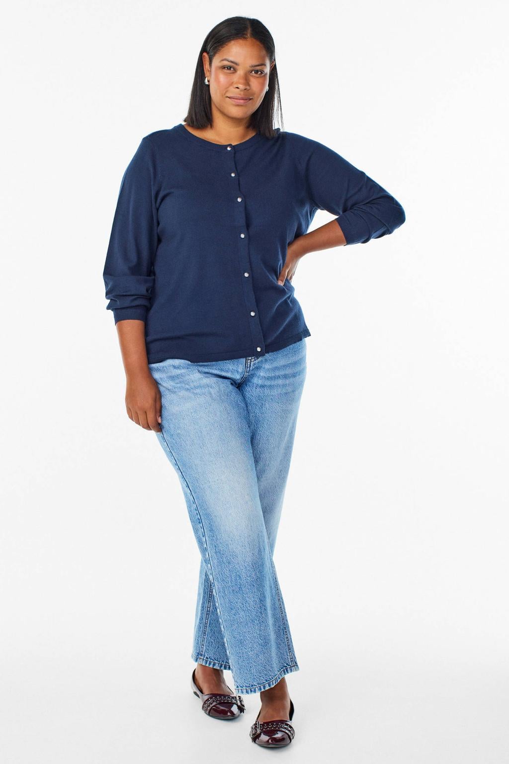 Donkerblauwe dames Zizzi Plus Size katoenen gebreid vest met lange mouwen en knoopsluiting