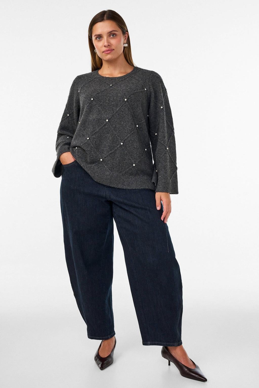 Grijze dames Zizzi Plus Size gebreide trui en wol met lange mouwen en glitters