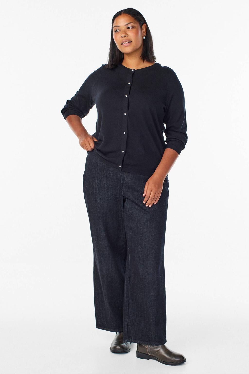 Zwarte dames Zizzi Plus Size katoenen gebreid vest met lange mouwen en knoopsluiting