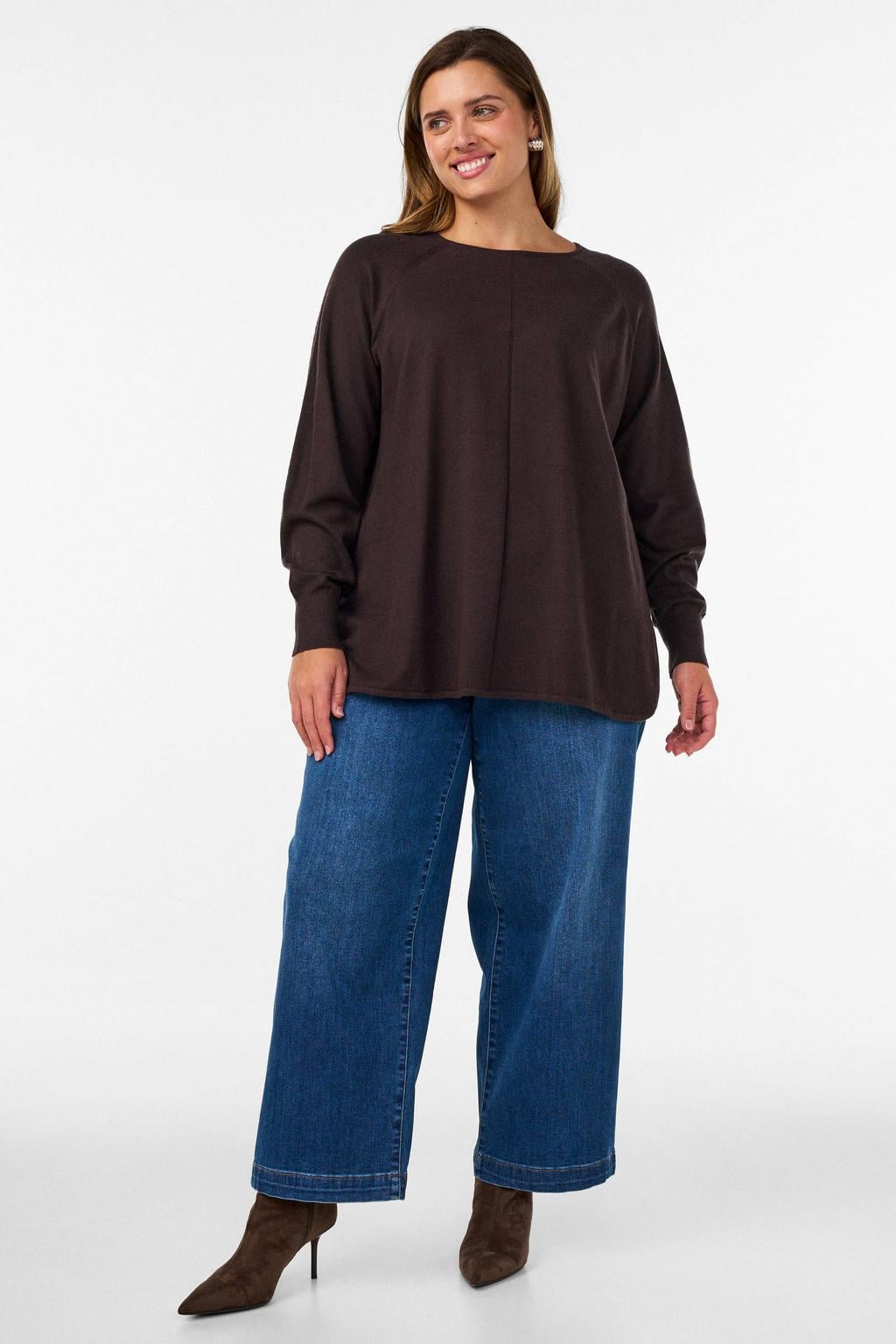 Donkerblauwe dames Zizzi Plus Size gebreide trui van viscose met effen en lange mouwen