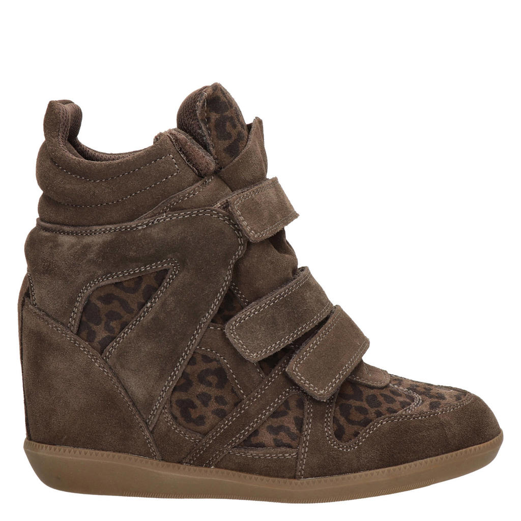 Shoecolate suède sneakers met sleehak en panterprint - bruin
