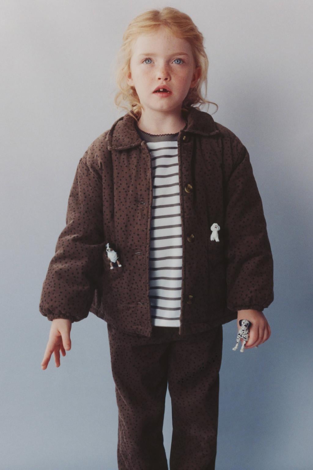 Mango Kids corduroy tussenjas met stippen - bruin/zwart