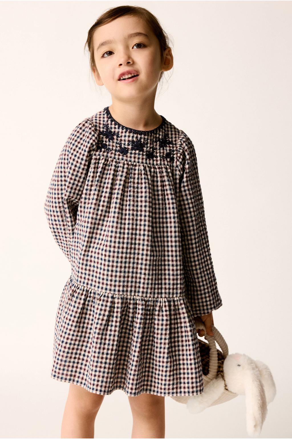 Mango Kids geruite korte A-lijn jurk met ruches - marineblauw/ecru/rood