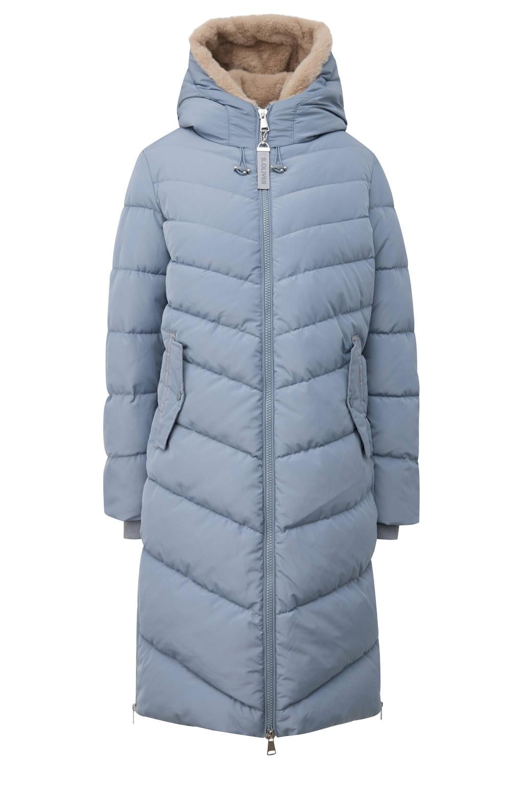 Grijsblauwe dames s.Oliver winterjas blauw van polyester met effen, lange mouwen, capuchon en doorgestikte details