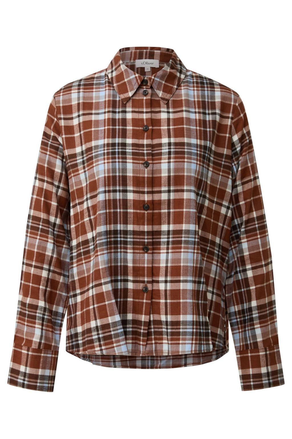 Bruin en lichtblauwe dames s.Oliver geruite blouse met klassieke kraag en knoopsluiting