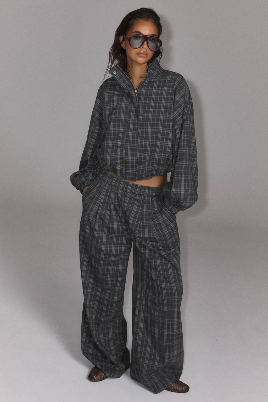 Refined Department wide leg geruite broek - grijs