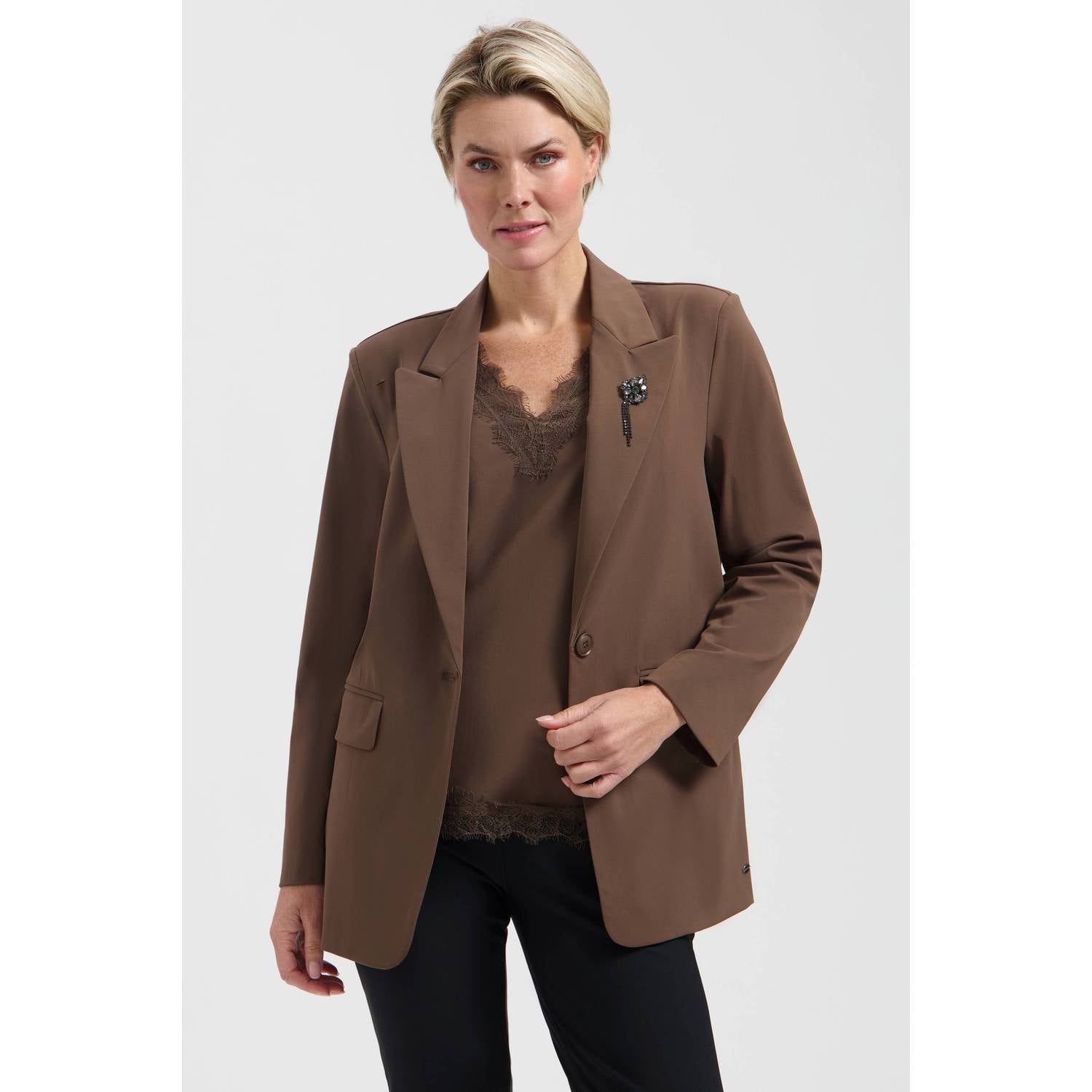 Lady Day travelstof regular fit blazer bruin