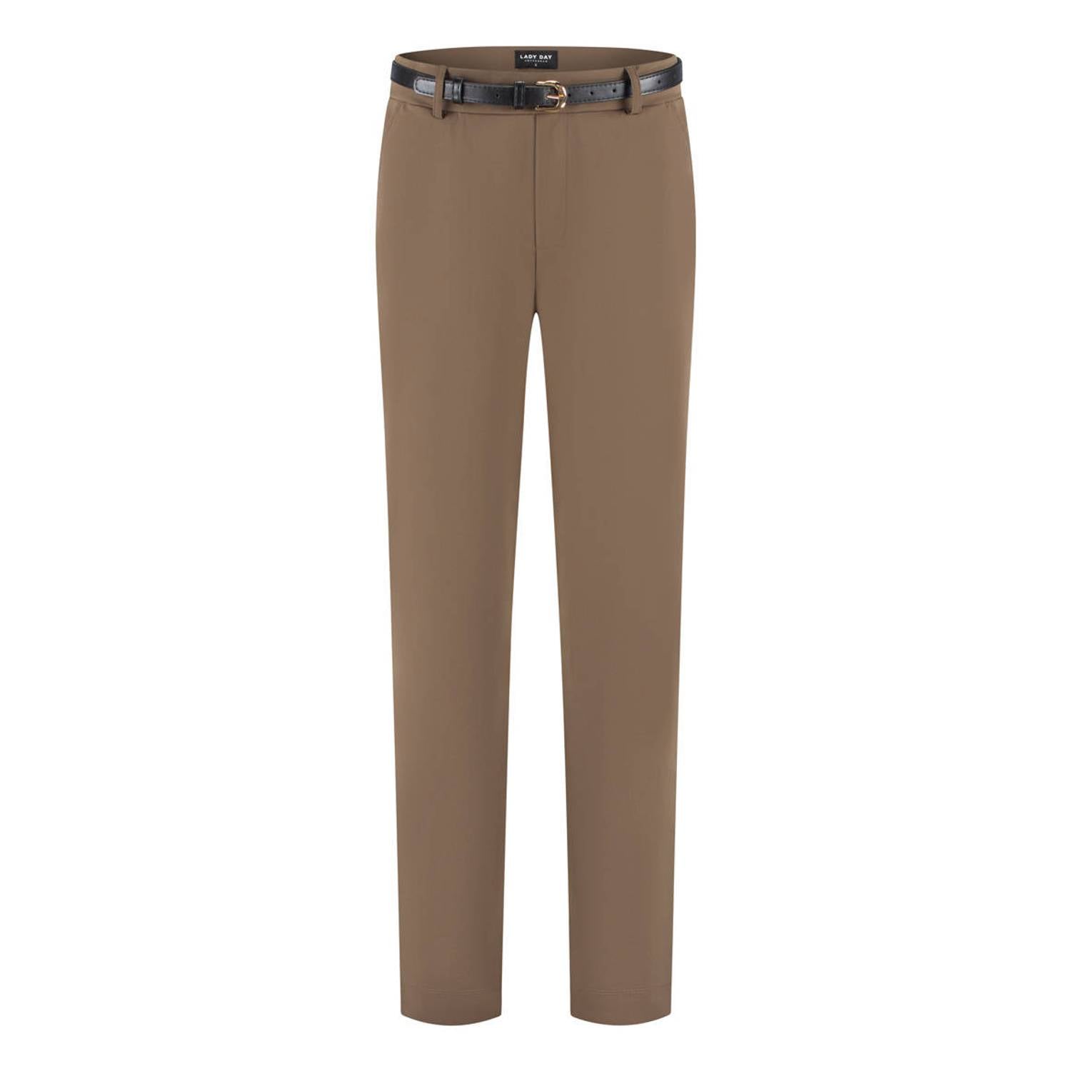 Lady Day travelstof straight leg broek met ceintuur bruin