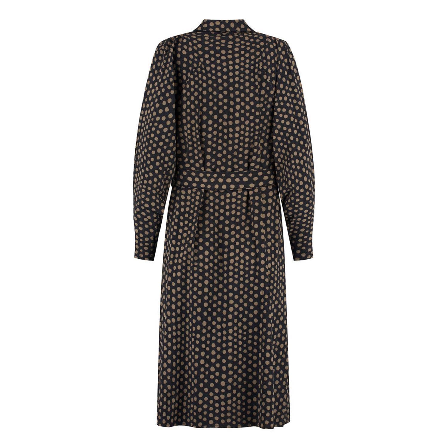 Lady Day travelstof midi blousejurk met ceintuur en stippen zwart bruin