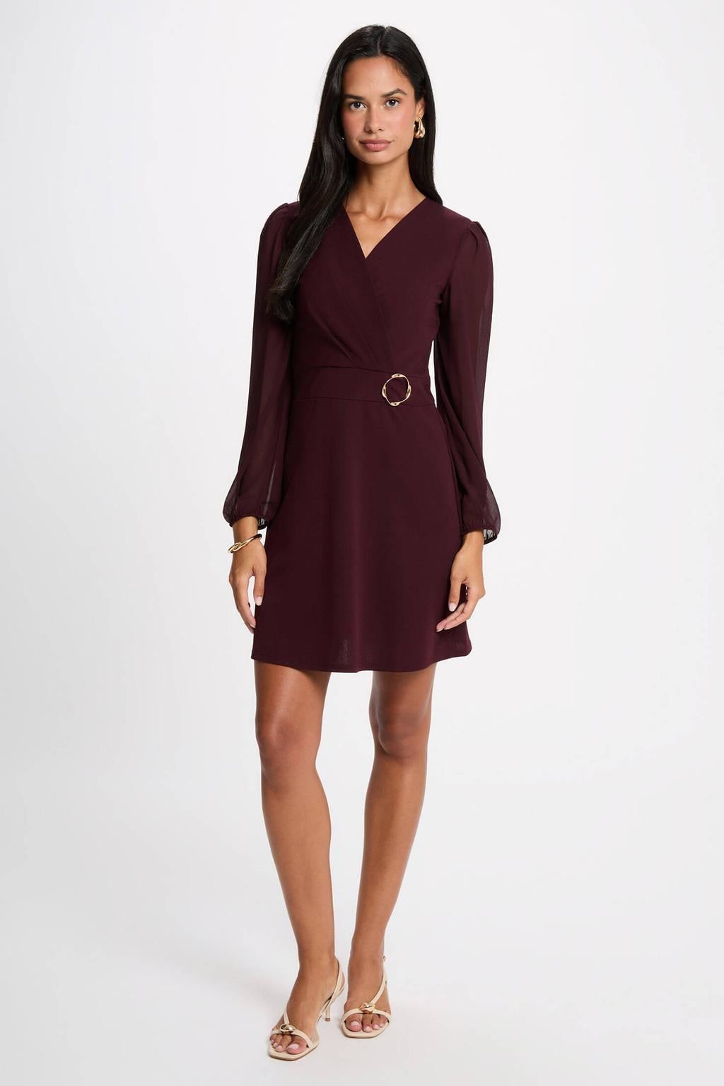 Donkerrode dames Morgan semi-transparante mini jurk van polyester met effen, lange mouwen en V-hals