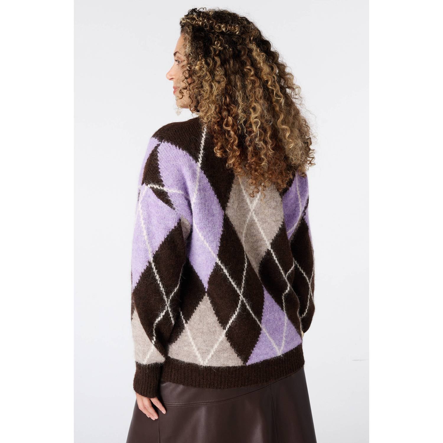 MS Mode gebreide geruite trui met wol bruin lila beige