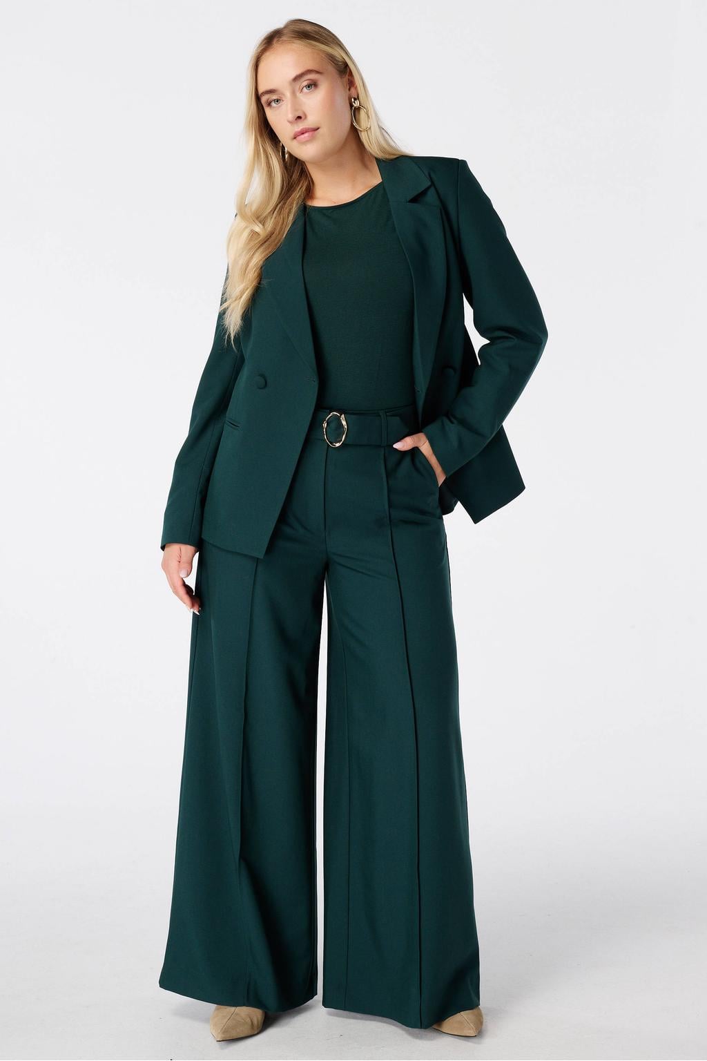 Donkergroene dames MS Mode blazer van polyester met effen, lange mouwen, reverskraag en knoopsluiting