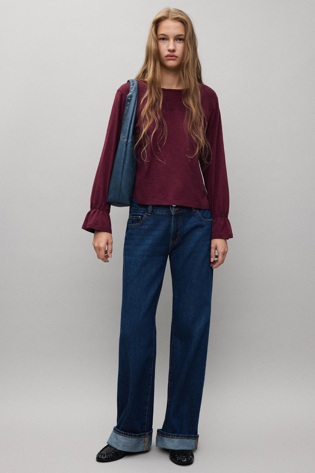 MANGO TEEN longsleeve met ruches - donkerrood