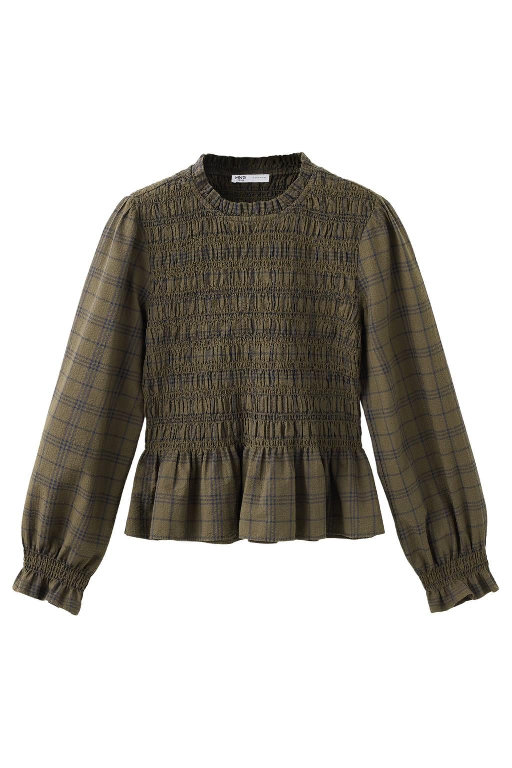 MANGO TEEN geruite blousetop met ruches - donkergroen