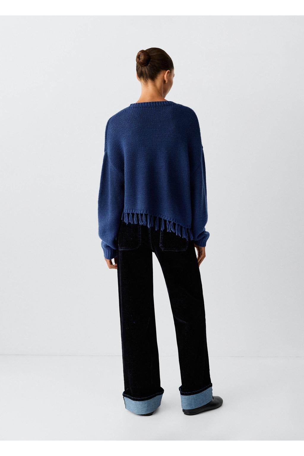 MANGO TEEN rechtvallende gebreide trui met franjes - middenblauw