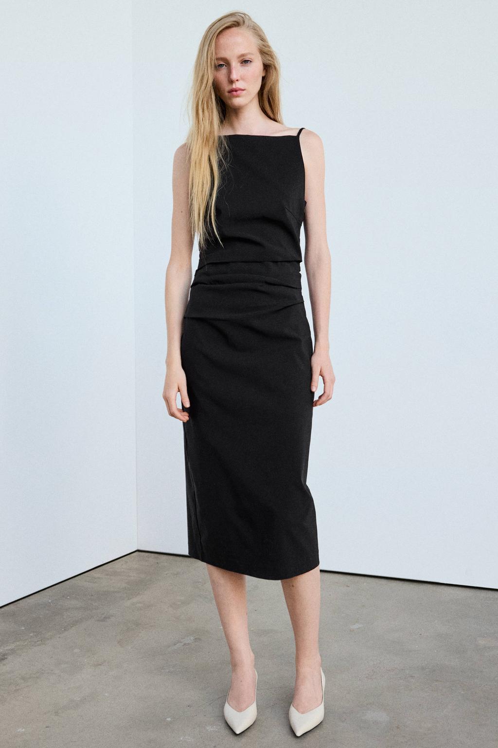 Mango asymmetrische midi jurk met plooien - zwart