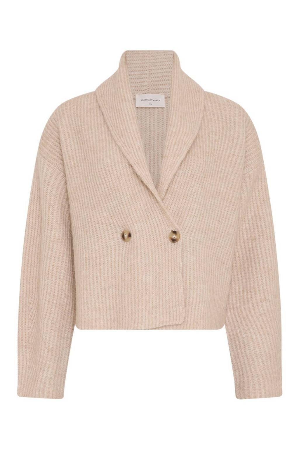 Beige dames MSCH Copenhagen gebreid vest van wol met effen, lange mouwen en knoopsluiting