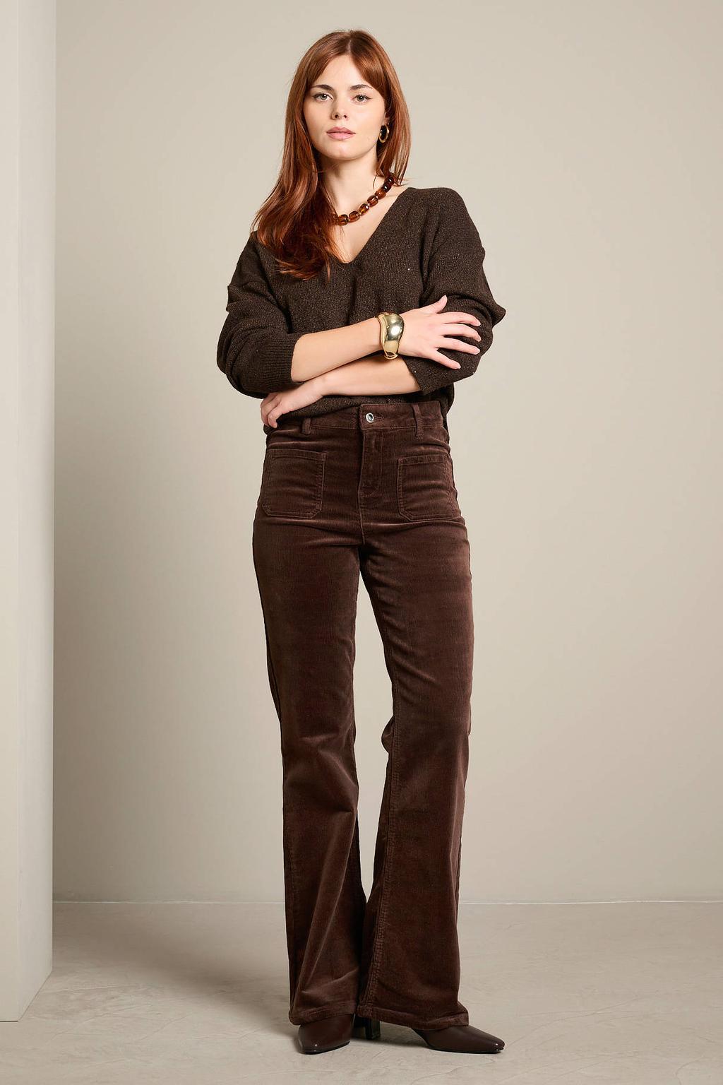 Bruine dames LOLALIZA flared jeans van denim met high waist, rits- en knoopsluiting en effen