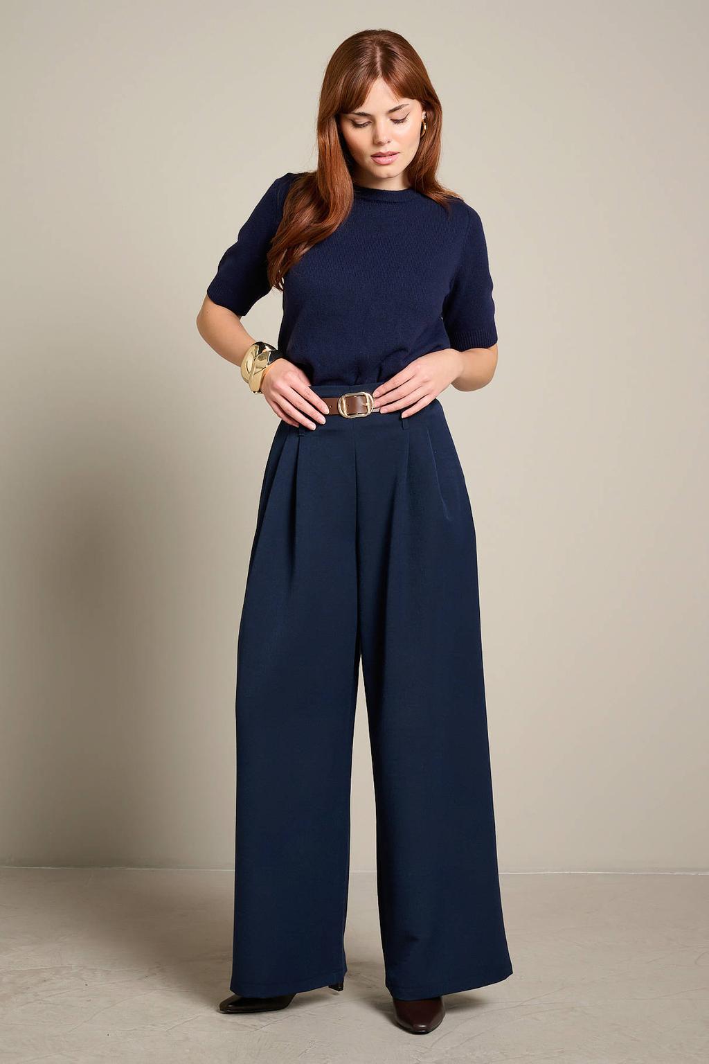 Marineblauw dames LOLALIZA wide leg pantalon blauw met high waist en effen