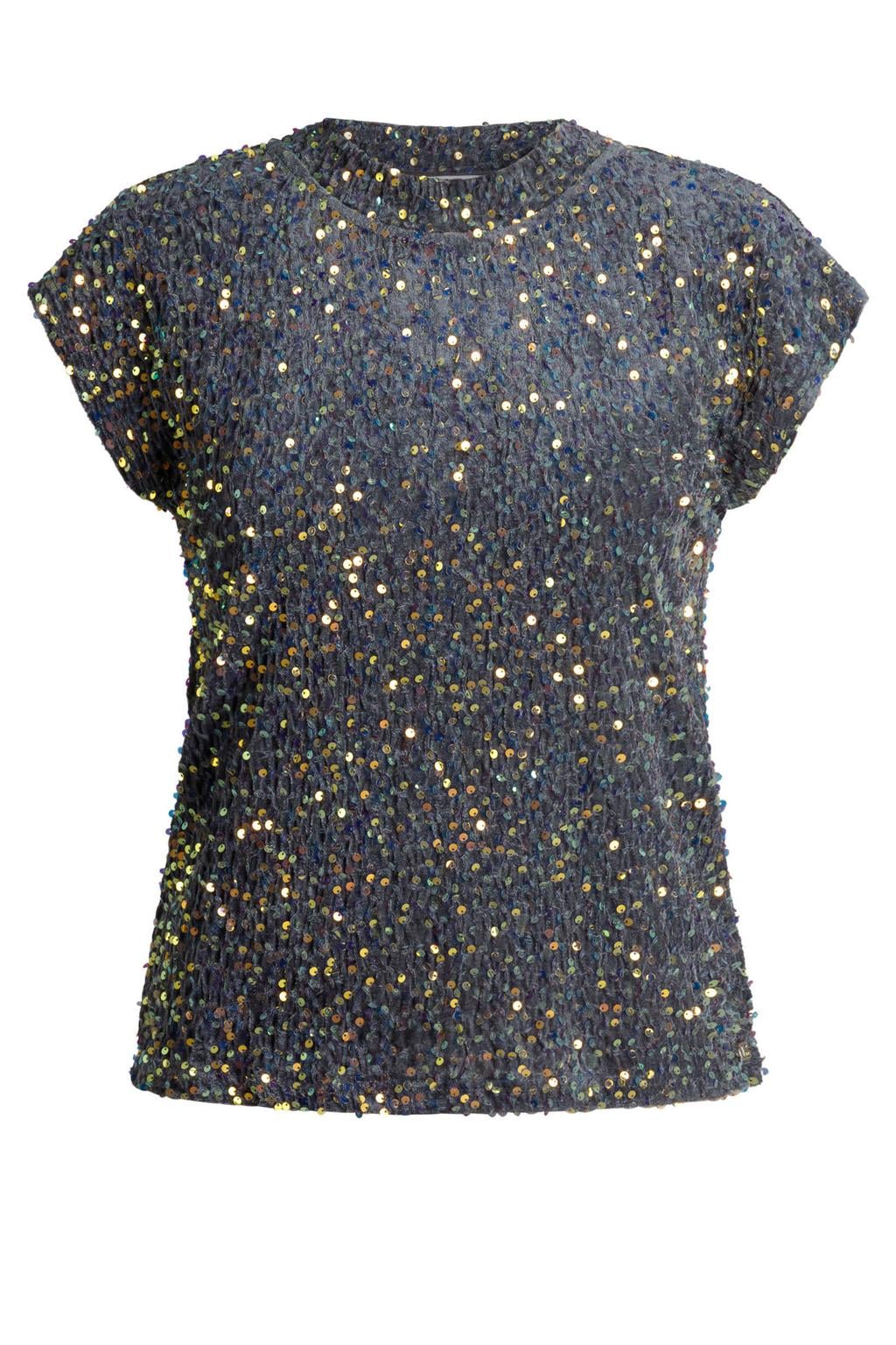 Grijze dames Ivy Beau top van polyester met effen, ronde hals en glitters