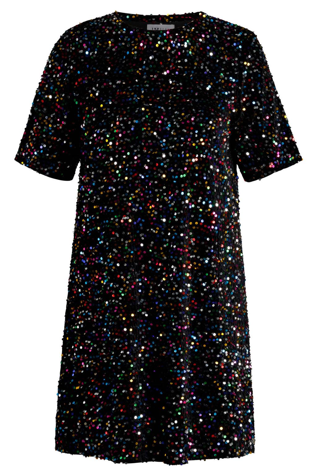 Multikleurige dames Ivy Beau korte jurk meerkleurig van polyester met effen, korte mouwen en ronde hals