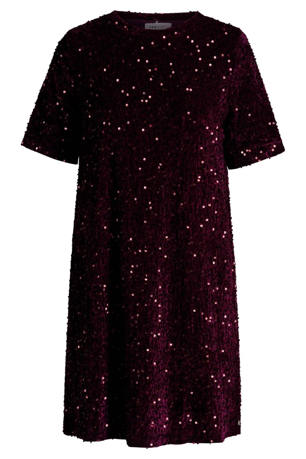 Donkerrode dames Ivy Beau korte jurk van polyester met effen, korte mouwen, ronde hals en glitters