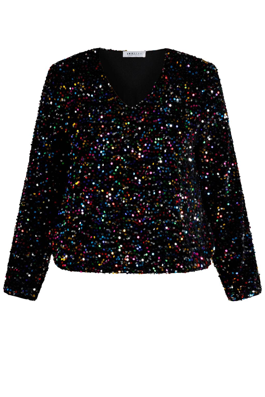 Zwarte dames Ivy Beau top meerkleurig van polyester met effen, lange mouwen, V-hals en glitters