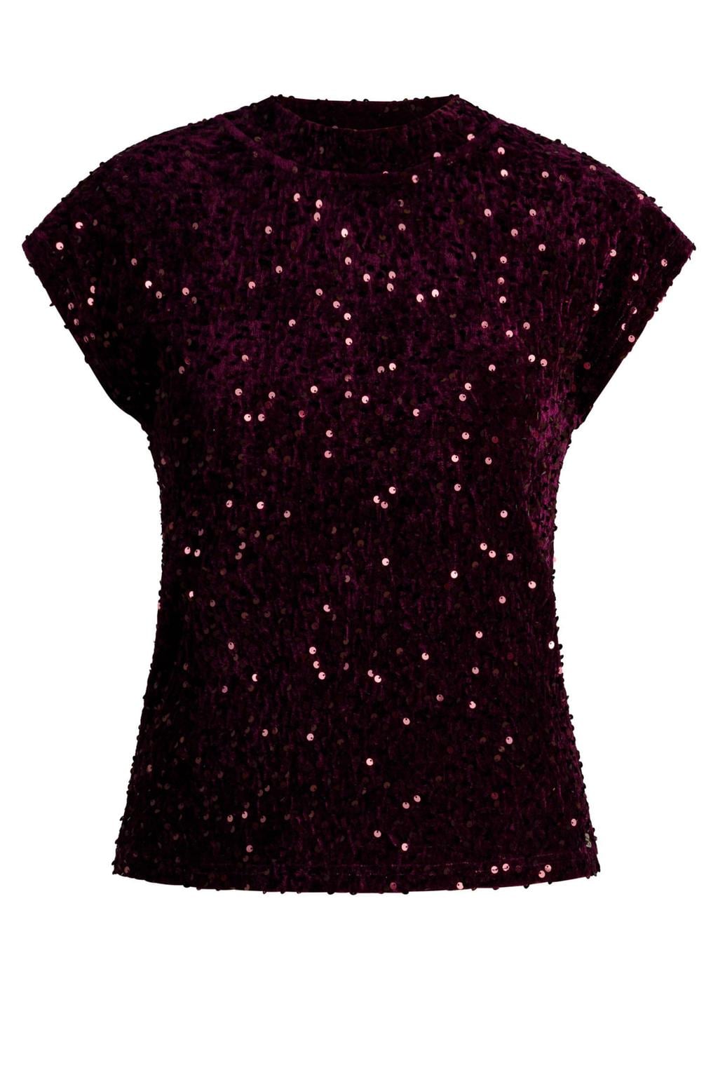 Donkerrode dames Ivy Beau top van polyester met effen, ronde hals en glitters