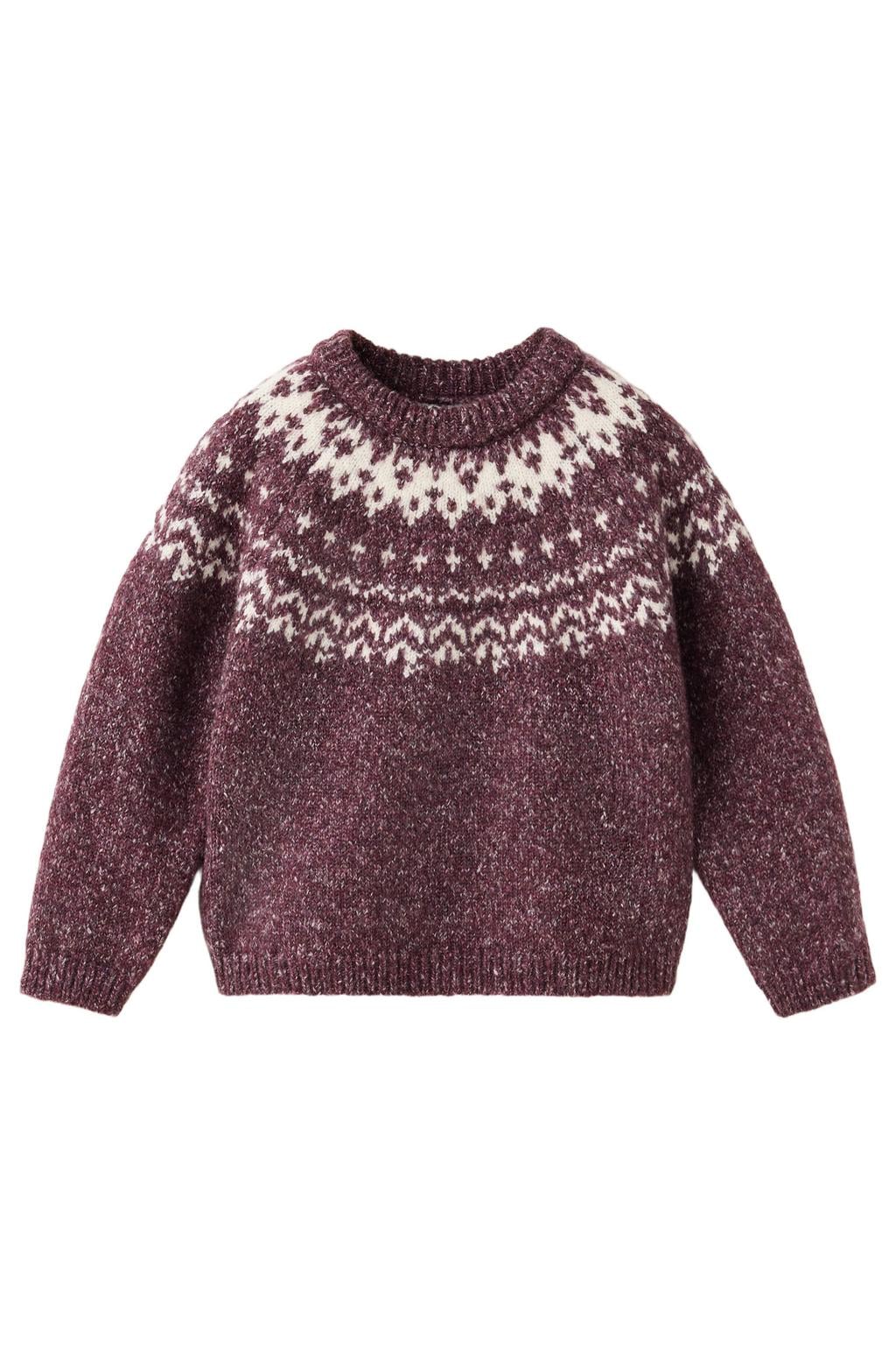 Donkerrode jongens Mango Kids gebreide trui van polyester met printopdruk, lange mouwen en ronde hals