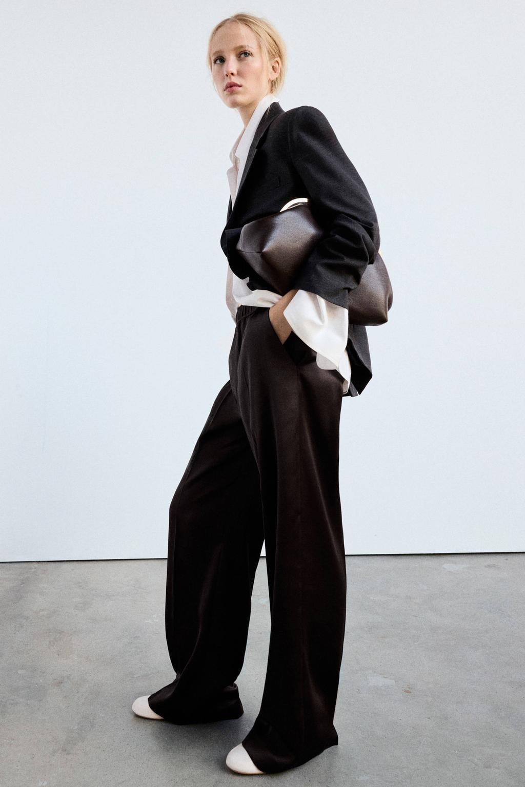 Mango satijnen wide leg broek - donkerbruin