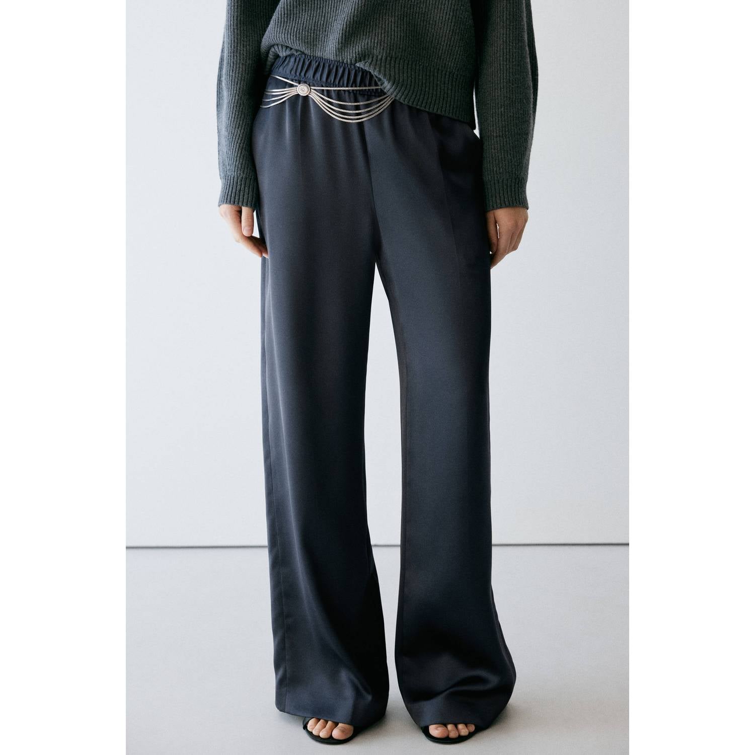 Mango satijnen wide leg broek donkerblauw