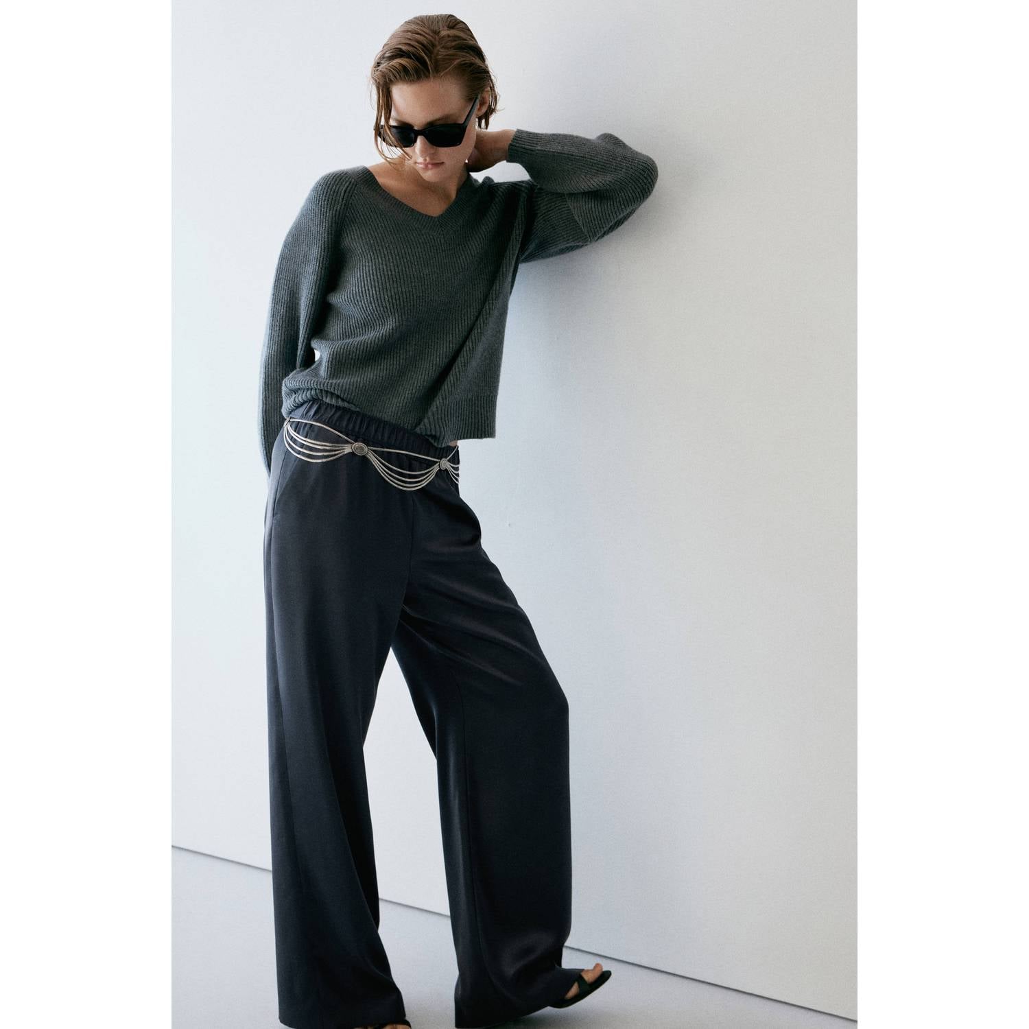 Mango satijnen wide leg broek donkerblauw