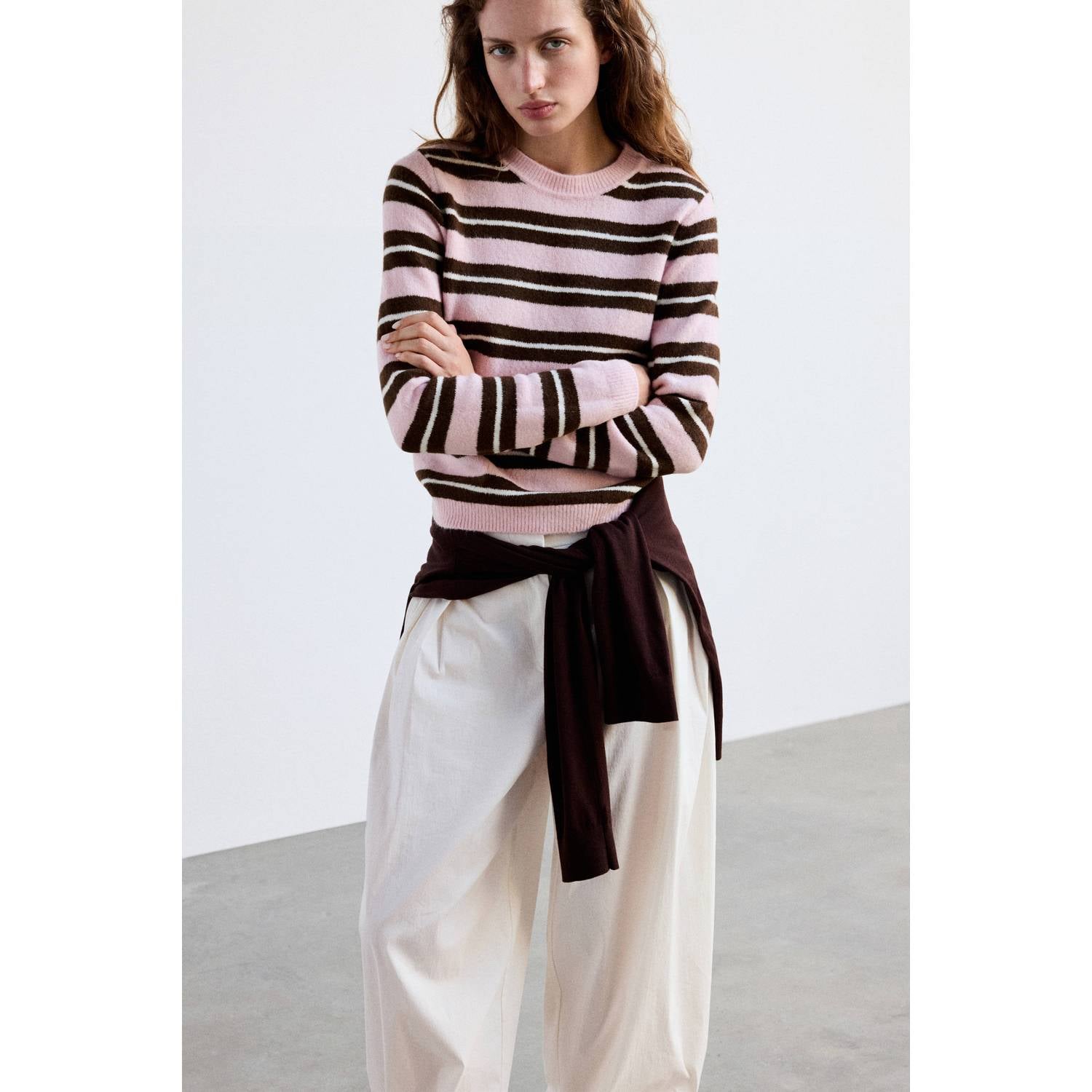 Mango gebreide gestreepte trui roze bruin ecru