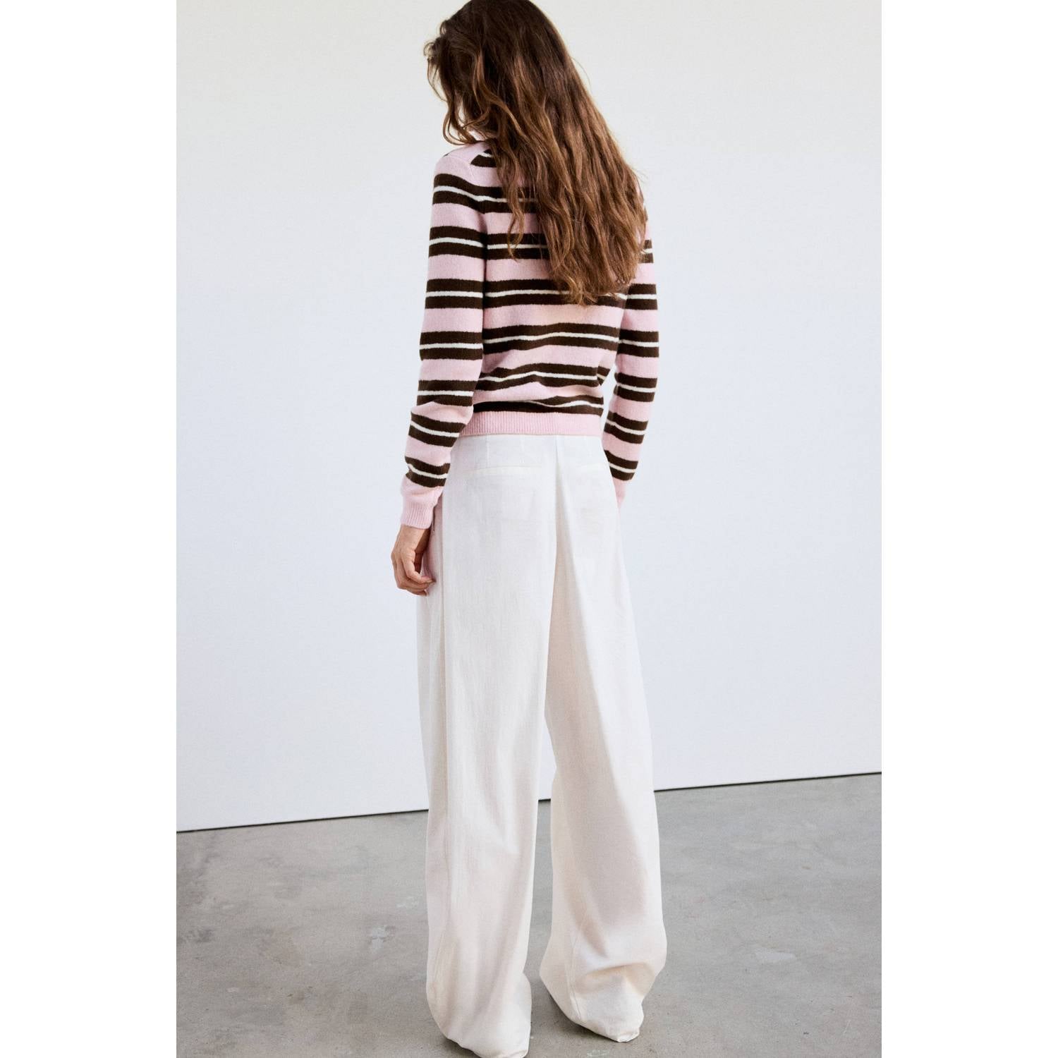 Mango gebreide gestreepte trui roze bruin ecru