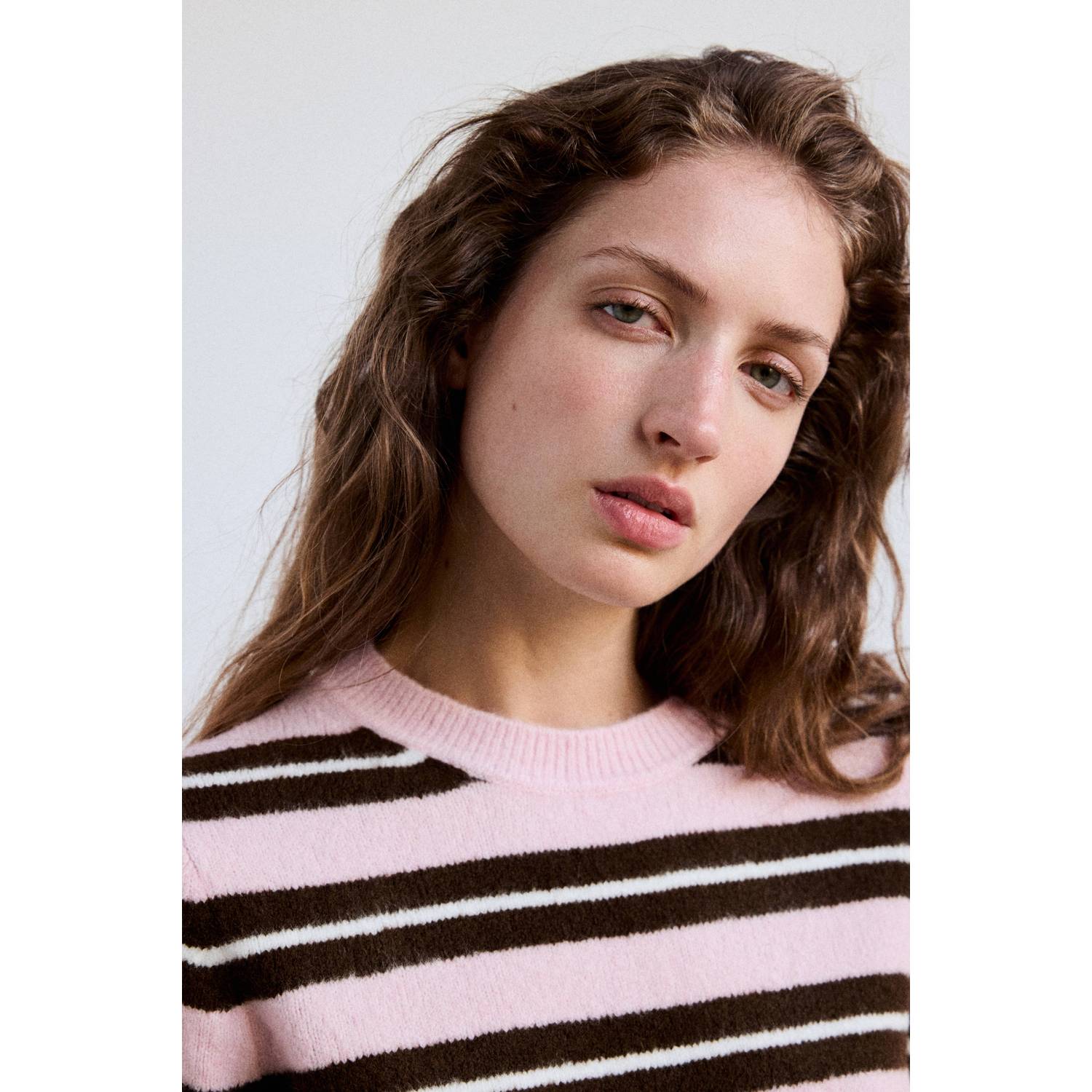 Mango gebreide gestreepte trui roze bruin ecru