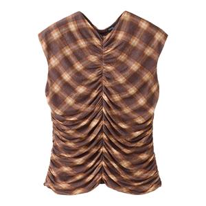 geruite top met plooien - bruin