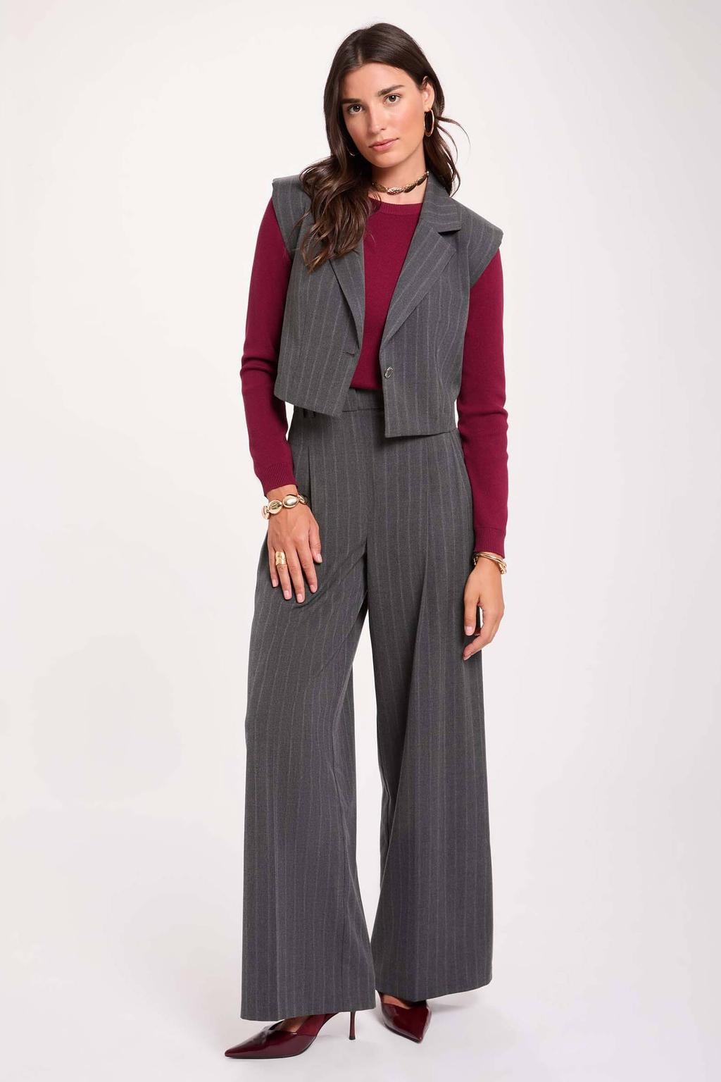 Antraciete dames Morgan gilet van polyester met krijtstreepprint, reverskraag en knoopsluiting