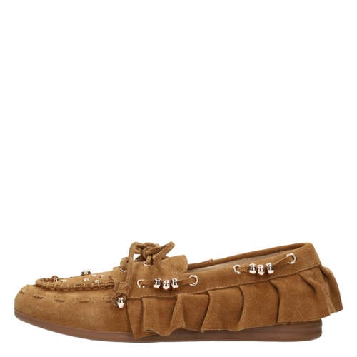 Poelman suède mocassins met studs cognac