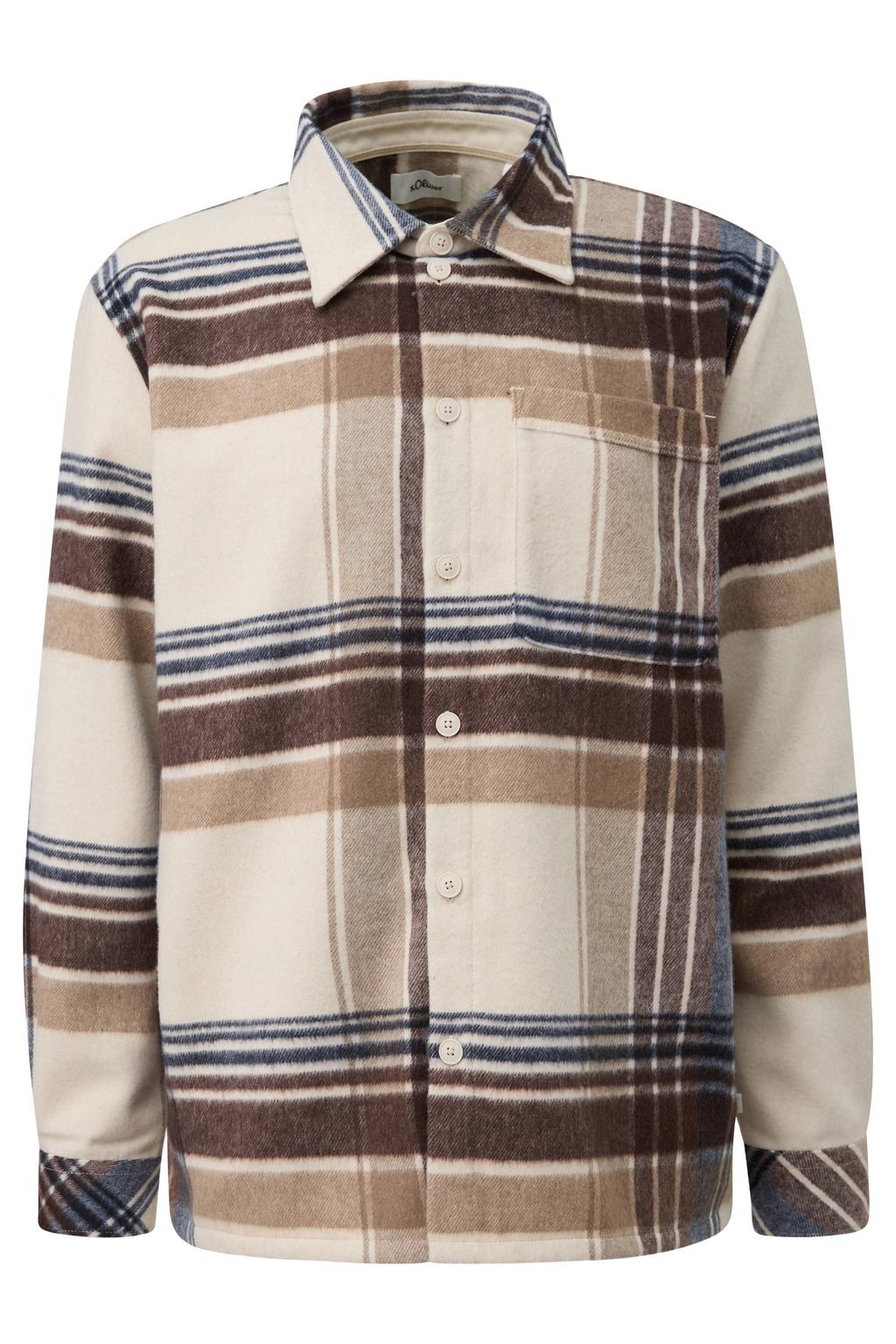 Beige heren s.Oliver Big Size regular fit geruit overshirt van polyester met lange mouwen en klassieke kraag