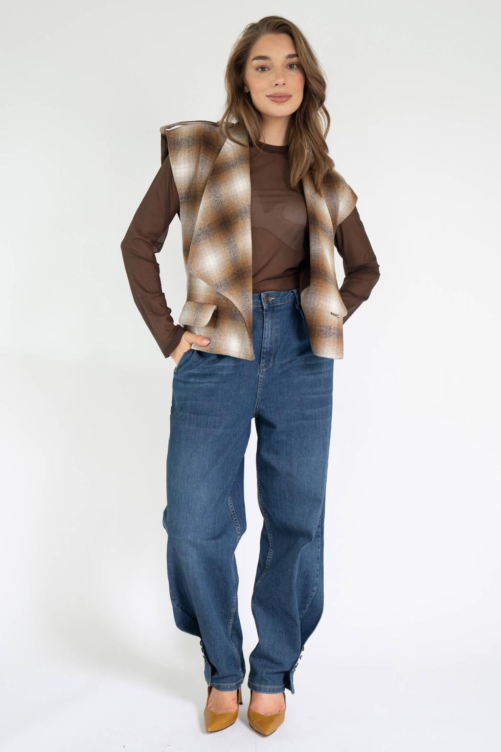 Est'seven geruite top - bruin/ecru