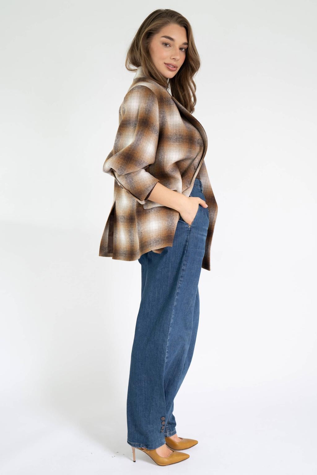 Est'seven geruite oversized blazer - bruin/ecru
