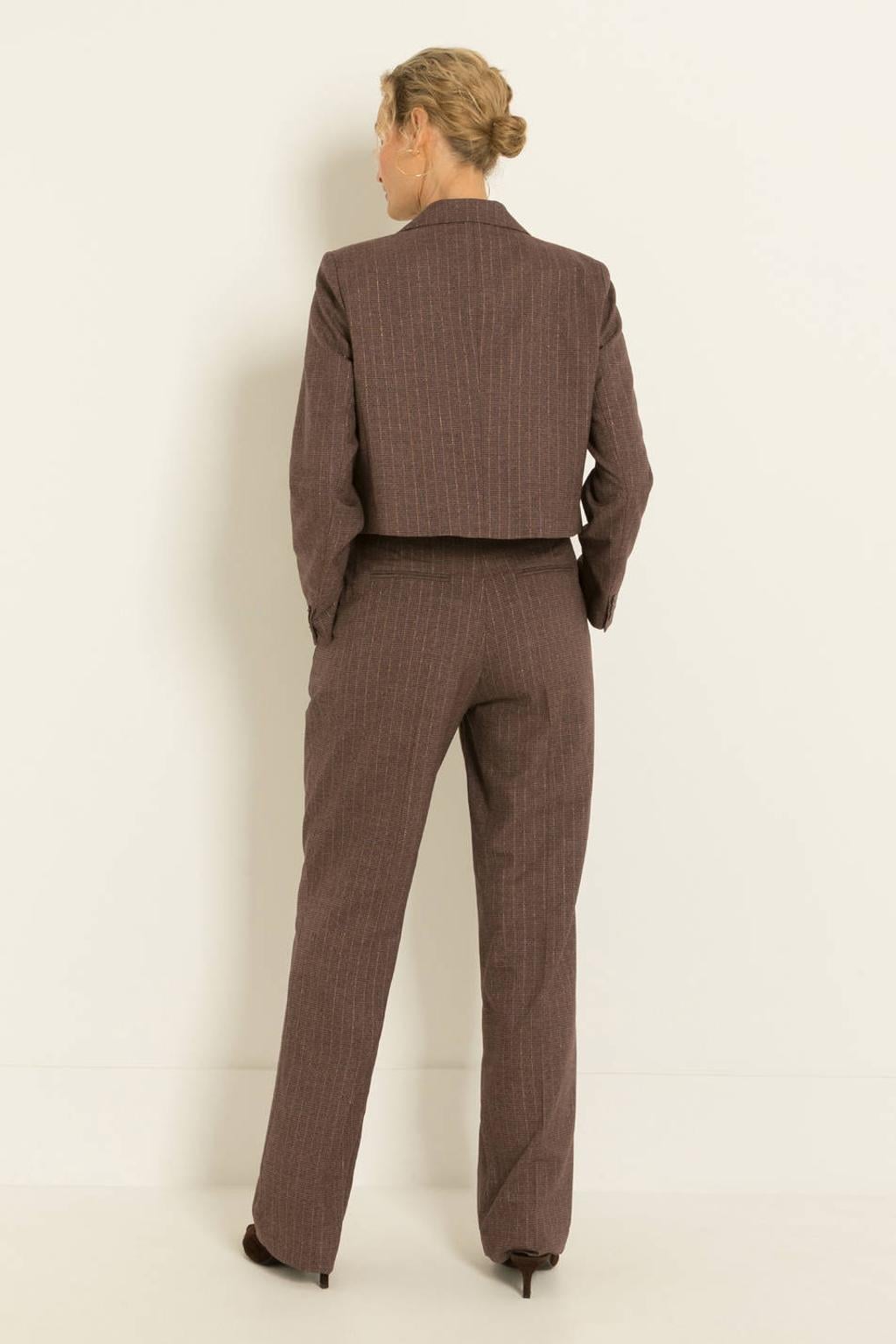 Bruine dames Claudia Sträter gestreepte cropped blazer van polyester met lange mouwen, reverskraag, knoopsluiting en lurex